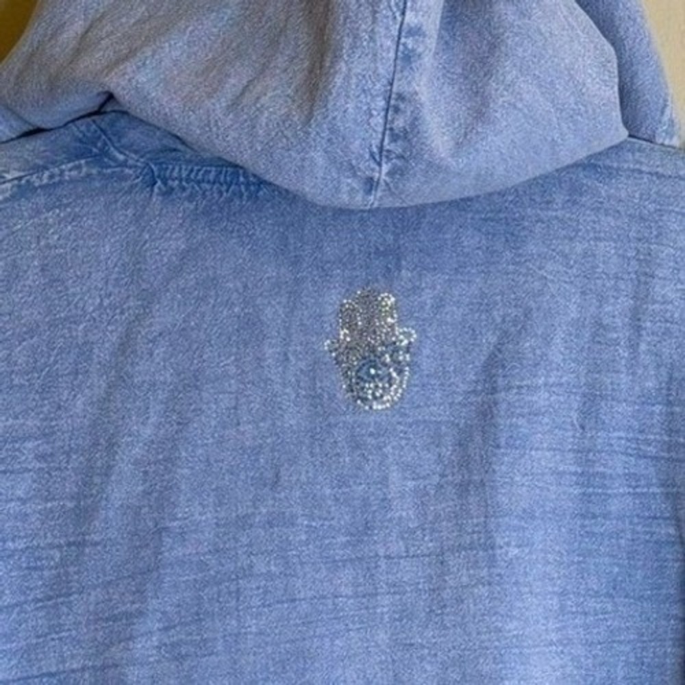 Giocam Coastal Boho Jacket L Blue Acid Wash Cotton Bling Hamsa Heart Hoodie